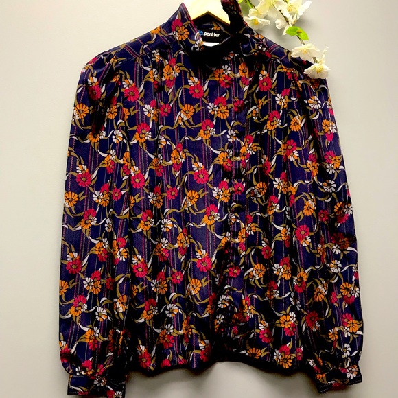 Vintage Panther Women’s Blouse Mock Neck With Tie Floral Size 5/6 [M] - Picture 1 of 9
